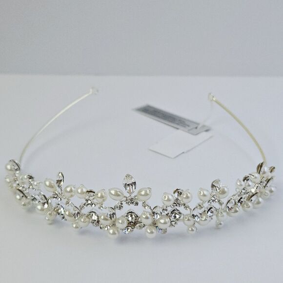 David\'s Bridal Swarovski Crystal Cultured Pearl Silver Wedding Tiara Headpiece main image 13